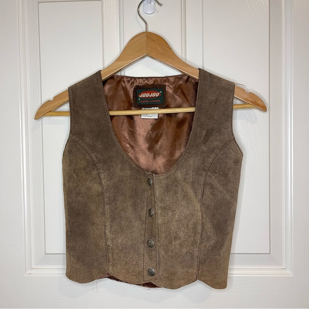 VTG JouJou Brown Genuine Leather Scalloped Vest Sz M Rodeo Equestrian Festivial - Picture 2 of 8